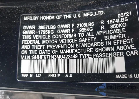 2021 Honda Civic Sport z USA, uszkodzony, nr VIN SHHFK7H43MU422449